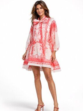NWT NANCY YANG Crinkle Hi-Lo Tie Neck Mini Dress Coral White Toile Print Size S